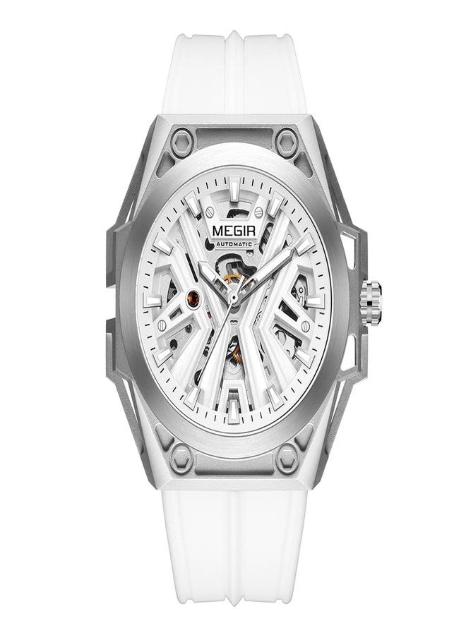 MEGIR Automatic Men's Wrist Watch, 316L Steel Case, Luminous Dial, 5ATM Water Resistant, Silicone Band, White - Image 1