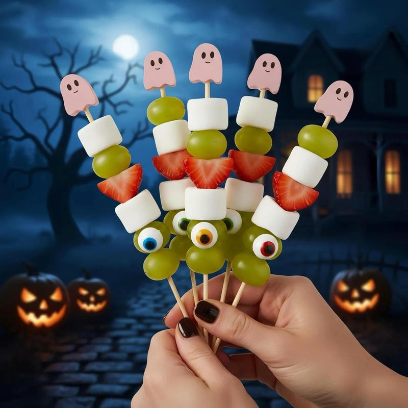 OceanCamel 100 Pcs Ghost Cocktail Picks for Halloween and Fall – Bamboo Toothpicks with Cute Ghost Design for Appetizers, Fruit, Desserts, Coffee Drinks, Cake Toppers and Party Decorations (pink) - Image 5
