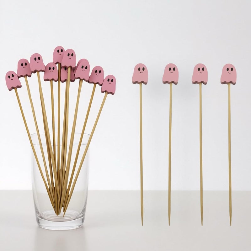OceanCamel 100 Pcs Ghost Cocktail Picks for Halloween and Fall – Bamboo Toothpicks with Cute Ghost Design for Appetizers, Fruit, Desserts, Coffee Drinks, Cake Toppers and Party Decorations (pink) - Image 1