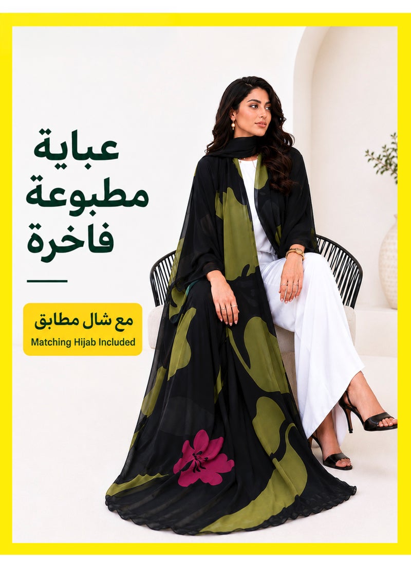 MS MIN Women Printed Chiffon Abaya with Hijab – New Style Saudi Loose Kaftan Dubai Fashion Abaya Dress - Image 1