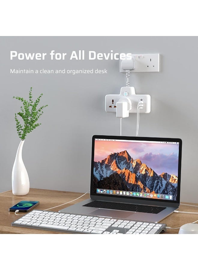 سالاب محول مقبس طاقة سلك تمديد، مقبس تمديد عالمي مزود بمنفذي USB-A ومنفذي USB-C، قابس تمديد طاقة متعدد المنافذ بتصميم للتثبيت على الحائط للمنزل والمكتب والمطبخ - Image 5