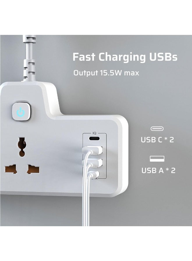 سالاب محول مقبس طاقة سلك تمديد، مقبس تمديد عالمي مزود بمنفذي USB-A ومنفذي USB-C، قابس تمديد طاقة متعدد المنافذ بتصميم للتثبيت على الحائط للمنزل والمكتب والمطبخ - Image 3