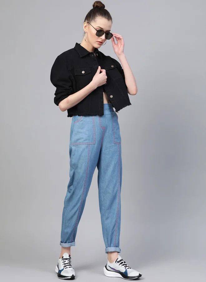 SASSAFRAS Fringed Hem Black Denim Jacket for Women