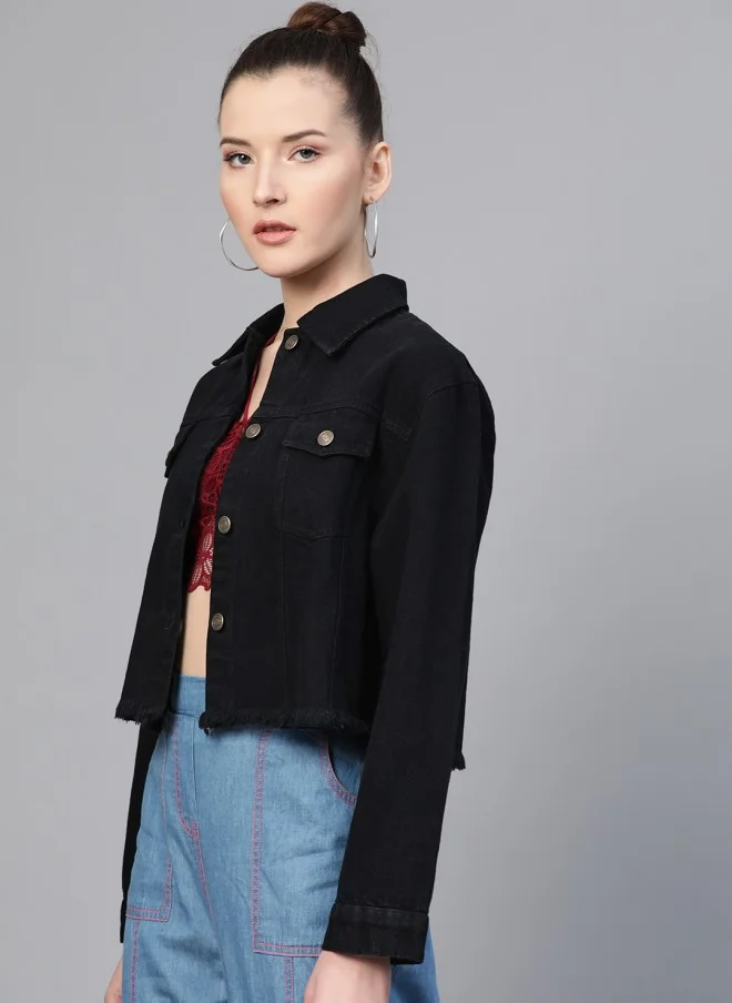 SASSAFRAS Fringed Hem Black Denim Jacket for Women
