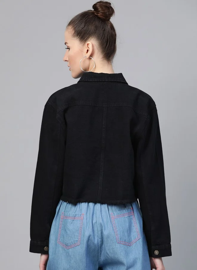 SASSAFRAS Fringed Hem Black Denim Jacket for Women