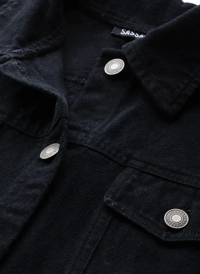 SASSAFRAS Fringed Hem Black Denim Jacket for Women