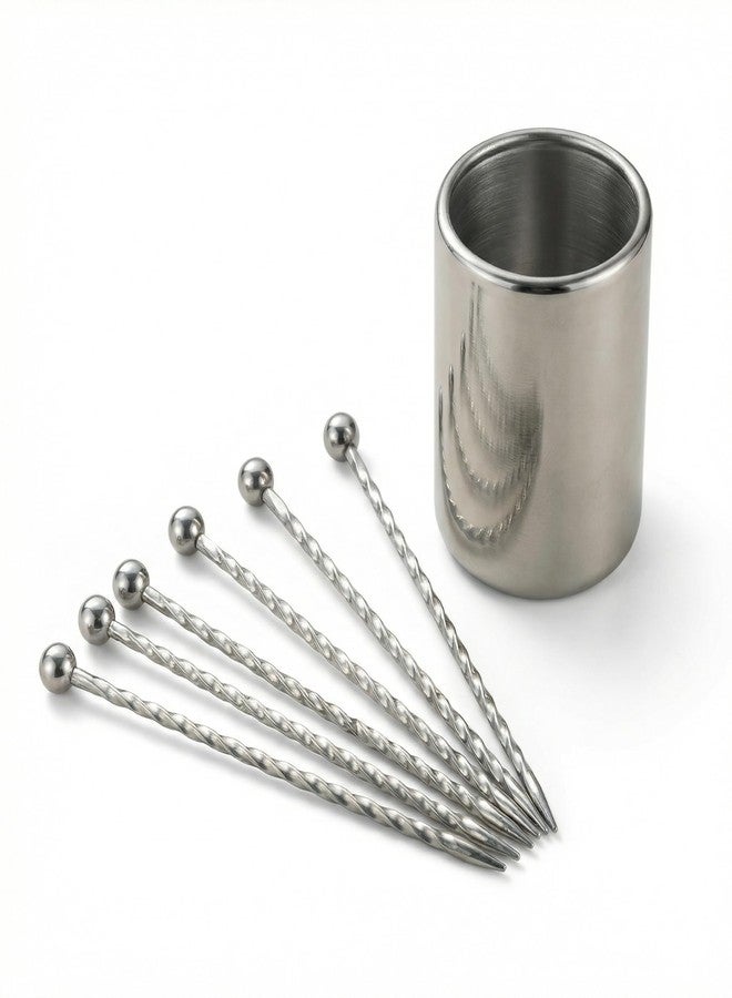 KGCGJVB 6Pcs Metal Cocktail Picks and Holder Reusable Stainless Steel Skewers Toothpicks Kit for Cocktails Drinks Garnish Appetizers Martini Picks Fruit Coctail Skewer Accessories - Image 1