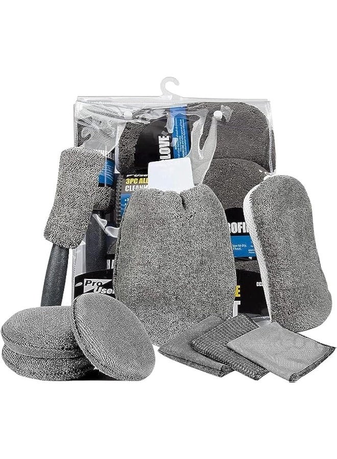 Biella 9 Pieces Microfiber Car Cleaning Kit | 3 Microfiber Towels | 3 Applicator Pads | Scratch Free Wash Sponge And Mitt | Wheel Brush For Car, Bike, Home And Multi-Purpose Cleaning  - Image 1