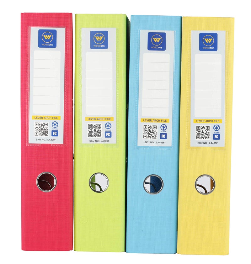 Worldone Lever Arch File, 2.6mm Thick PVC Pasted on Hard Board,110g Heavy Duty Arch Clip, File Stands Erect Even with 500 Pages, Wide Spine Label, Set of 4, Size FC, Colour Radiant Mix - Image 2
