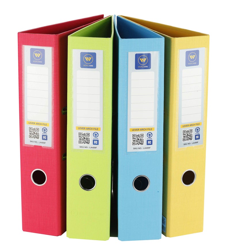 Worldone Lever Arch File, 2.6mm Thick PVC Pasted on Hard Board,110g Heavy Duty Arch Clip, File Stands Erect Even with 500 Pages, Wide Spine Label, Set of 4, Size FC, Colour Radiant Mix - Image 1