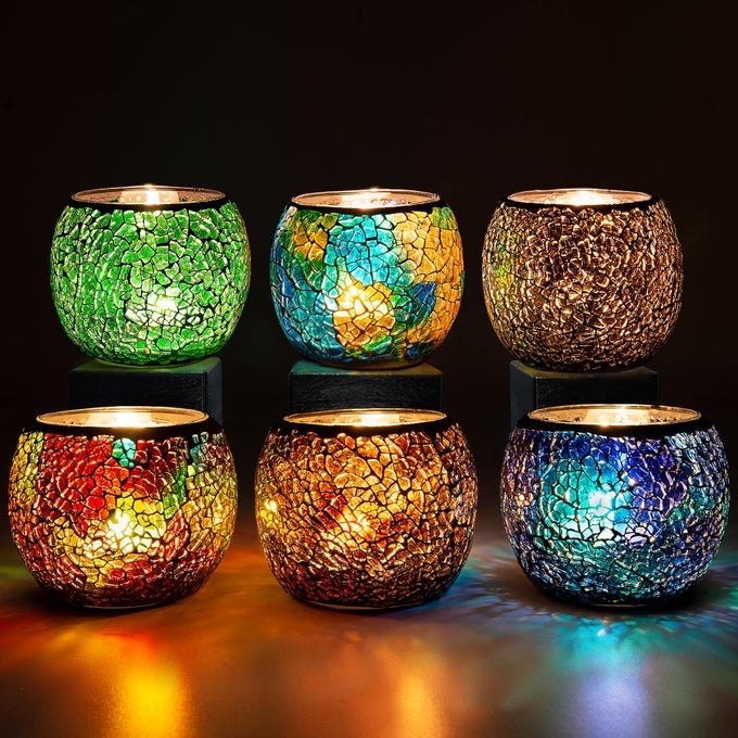 MOSAIC GLASS CANDLE HOLDERTEA LIGHT HOLDERVASEPEN HOLDER ROMANTIC HANDMADE SHATTERED GLASS TEA LIGHT CANDLE SHADEPOTTED PLANTS BOWL FOR HOME DECORATION WEDDING PARTY SET OF 6
