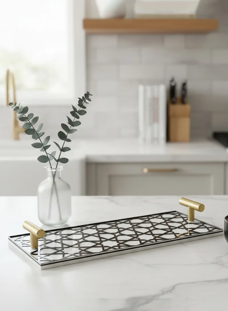 لوحة صينية تقديم من الأكريليك بتصميم مزخرف ومقابض معدنية ذهبية اللون