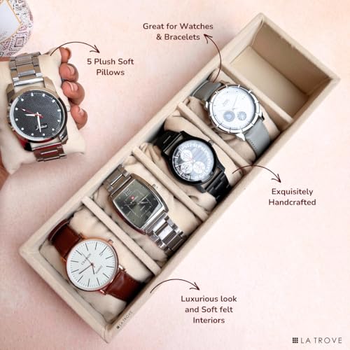 La Trove 5 Slot Watch Organizer Tray for Men & Women | Watch Storage Tray for Watches, Smartwatches & Bracelets | Watch Display Organizer for Wardrobe Drawer | Cream - Image 4