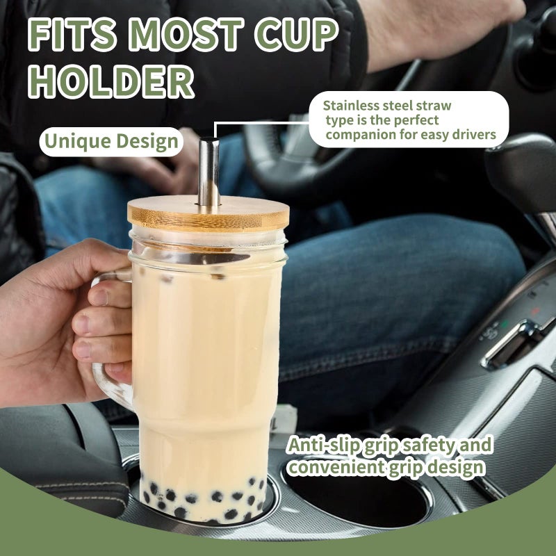 Birity Glass Cups with Bamboo Lids and Straws,24oz Tumbler With Handle,2 Pack Mason Jar with Lid and Straw-Wide Mouth Reusable Drinking Glasses,Boba Cup Smoothie Tumbler Iced Coffee Cup Travel Mug  - Image 2