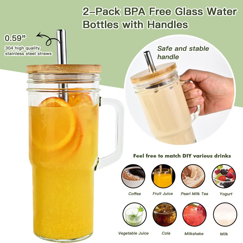 Birity Glass Cups with Bamboo Lids and Straws,24oz Tumbler With Handle,2 Pack Mason Jar with Lid and Straw-Wide Mouth Reusable Drinking Glasses,Boba Cup Smoothie Tumbler Iced Coffee Cup Travel Mug  - Image 3