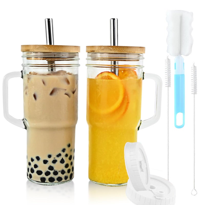 Birity Glass Cups with Bamboo Lids and Straws,24oz Tumbler With Handle,2 Pack Mason Jar with Lid and Straw-Wide Mouth Reusable Drinking Glasses,Boba Cup Smoothie Tumbler Iced Coffee Cup Travel Mug  - Image 1