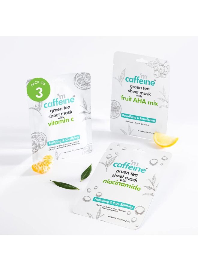 إم كافيين أقنعة أوراق ممزوجة بفيتامين C ونياسيناميد وفاكهة مع الشاي الأخضر للبشرة المتجددة - تقلل البقع الداكنة ، وتشد المسام وتتحكم في حب الشباب - أقنعة ملاءة للوجه للنساء والرجال - 3 أقنعة - Image 1