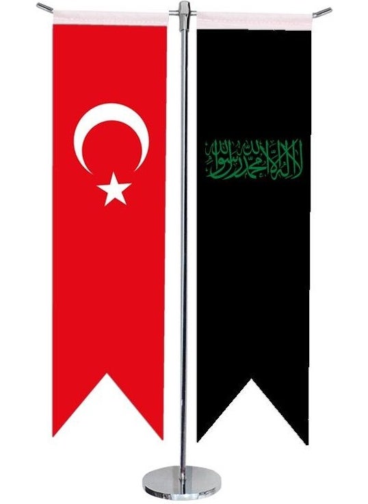 Desktop Swallow Black Word Tevhid + Turkish Flag + Chrome T-Pole Table Flag Set