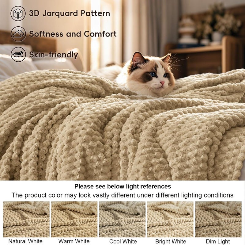 PHF Ultra Soft Flannel Fleece Throw Blanket (127cm x 152cm), Lightweight 3D Jacquard Fleece Blanket, No Shedding, No Pilling, Luxury 340GSM Aesthetic Fluffy Cozy for Bed Room Decor, Light Khaki - Image 5