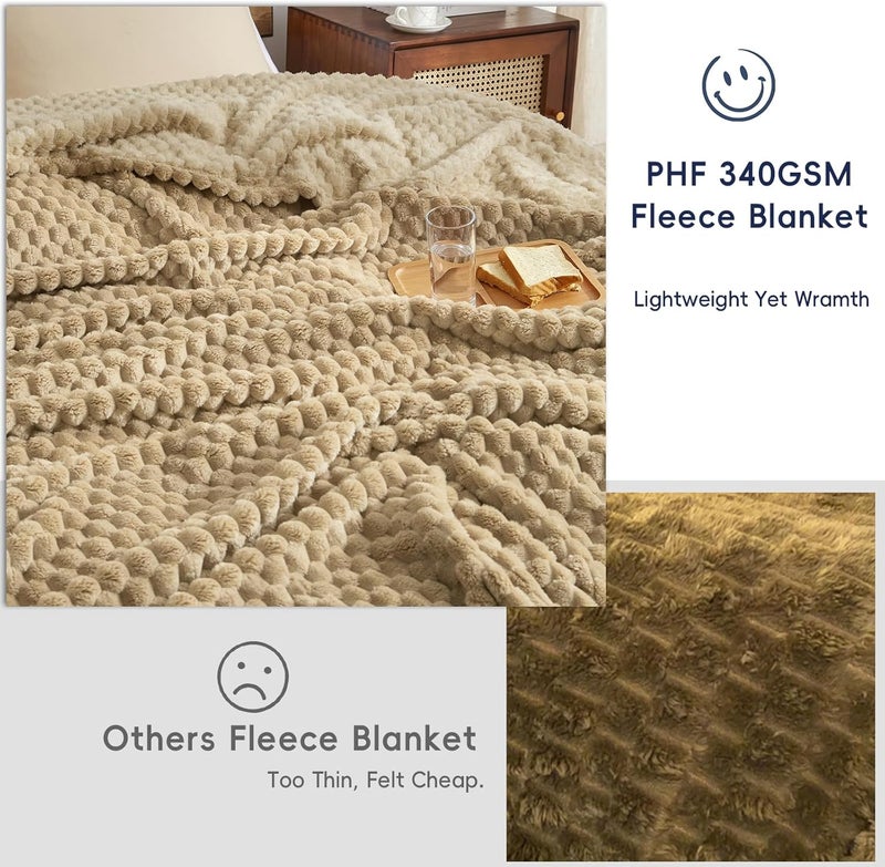 PHF Ultra Soft Flannel Fleece Throw Blanket (127cm x 152cm), Lightweight 3D Jacquard Fleece Blanket, No Shedding, No Pilling, Luxury 340GSM Aesthetic Fluffy Cozy for Bed Room Decor, Light Khaki - Image 4