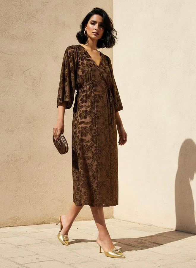 Splash FAV Floral Jacquard Linen Blend Dress with V-neck