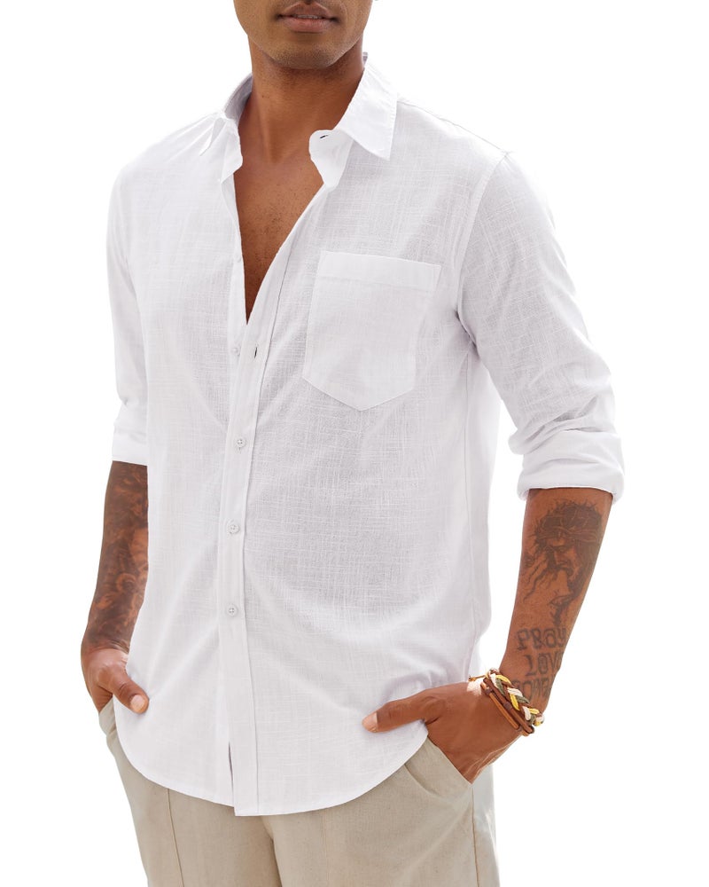 DEMEANOR Linen Shirts for Men Long Sleeve Cotton Casual Beach Summer Wedding Lightweight Button Down Shirt with Pocket White Large - Image 2