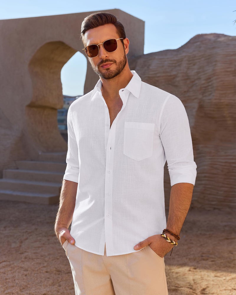 DEMEANOR Linen Shirts for Men Long Sleeve Cotton Casual Beach Summer Wedding Lightweight Button Down Shirt with Pocket White Large - Image 4