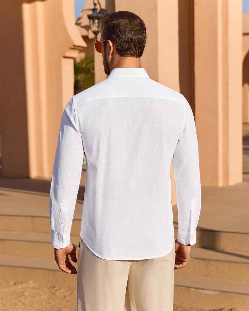 DEMEANOR Linen Shirts for Men Long Sleeve Cotton Casual Beach Summer Wedding Lightweight Button Down Shirt with Pocket White Large - Image 3