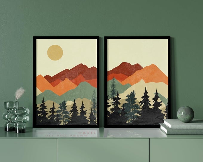 QUOTE UNQUOTE ART ABSTRACT PAINTINGS FOR LIVING ROOM SET OF 2 BOHO WALL DECOR SUN AND MOUNTAIN MINIMAL ART FRAMES 13X17 INCHES BLACK FRAME