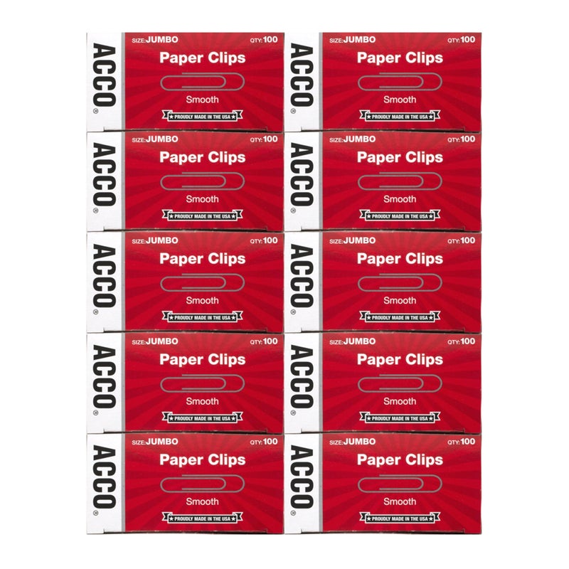 ACCO Brands Paper Clips, Jumbo, Smooth, Economy, 10 Boxes, 100/Box (72580) - Image 1
