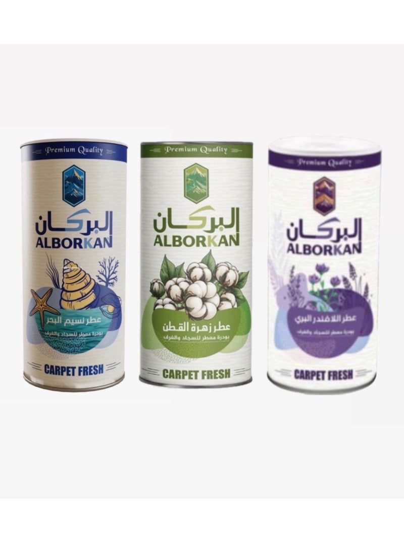 Refreshing Powder for Carpets, Upholstery, and Rugs in Three Scents: Wild Lavender, Cotton Flower, and Sea Breeze. A deodorizing and refreshing powder that freshens the air, eliminates unpleasant odors, and leaves carpets with a long-lasting fragrant touch