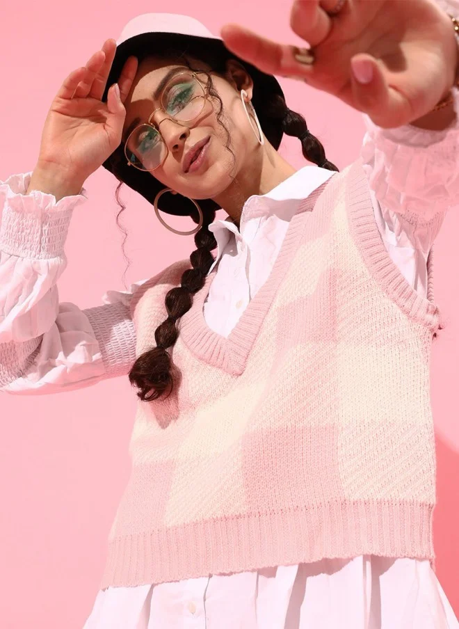 STREET 9 Checked Pink Sweater Vest for Women
