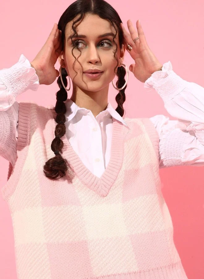 Checked Pink Sweater Vest for Women