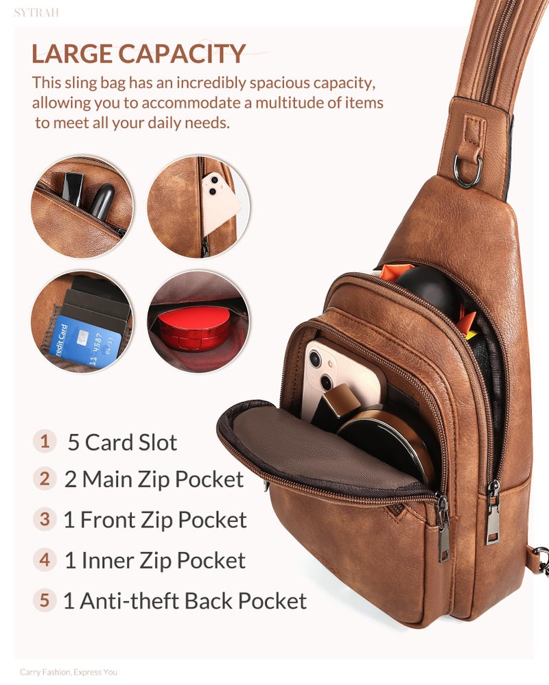 SYTRAH Sling Bag for Women, Crossbody Bags for Women Trendy Crossbody purse Vegan Leather Sling Backpack Chest Bag with Dual Purpose Strap, Mocha Brown - Image 4