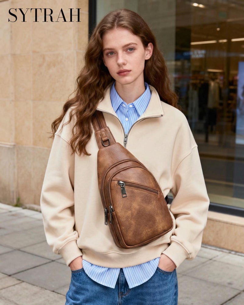 SYTRAH Sling Bag for Women, Crossbody Bags for Women Trendy Crossbody purse Vegan Leather Sling Backpack Chest Bag with Dual Purpose Strap, Mocha Brown - Image 3