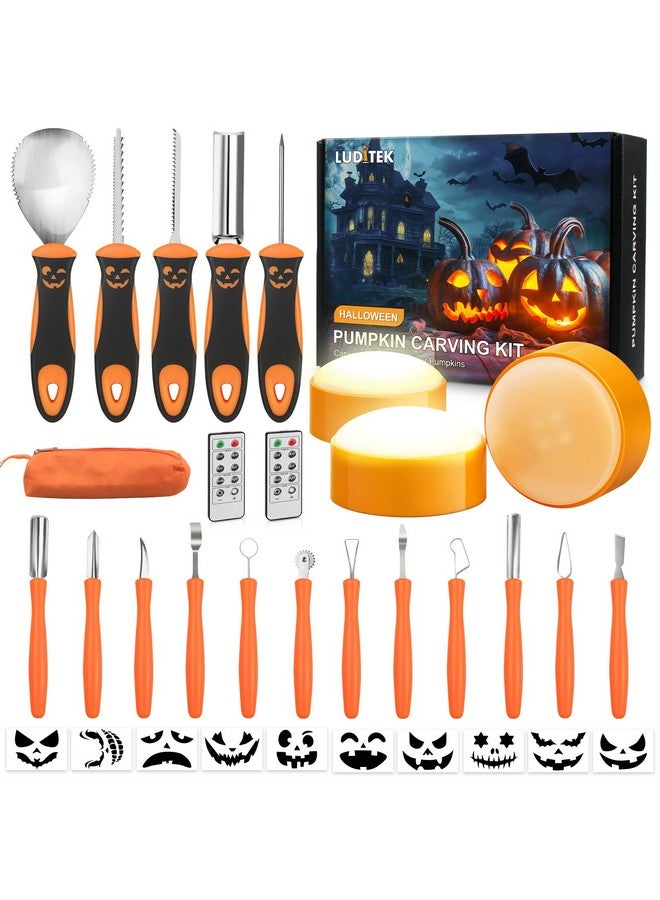 Luditek Luditek Pumpkin Carving Kit, 17 PCS Professional Stainless Steel Pumpkin Carving Tools with 3 Electronic Candles Lights and 10 Stencils, Jack-O-Lanterns Cutting Halloween Gifts for Adults - Image 1
