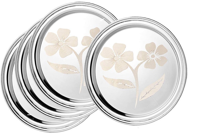 Titox Stainless Steel Flower Design Dinner Plate 27 cm Set of 6 Silver