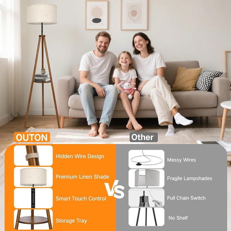 OUTON Wooden Tripod Floor Lamp with Shelf, 4 Color temperatures Mid Century Dimmable Floor Lamp with Remote & ‎Touch Control, Modern Tall Standing Lamp for Living Room Bedroom Office, Walnut Wood - Image 4