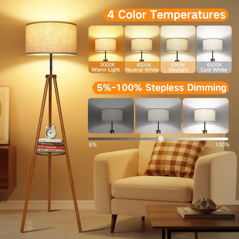 OUTON Wooden Tripod Floor Lamp with Shelf, 4 Color temperatures Mid Century Dimmable Floor Lamp with Remote & ‎Touch Control, Modern Tall Standing Lamp for Living Room Bedroom Office, Walnut Wood - Image 2