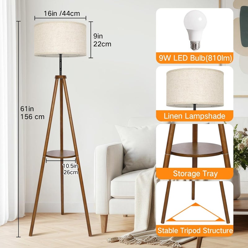 OUTON Wooden Tripod Floor Lamp with Shelf, 4 Color temperatures Mid Century Dimmable Floor Lamp with Remote & ‎Touch Control, Modern Tall Standing Lamp for Living Room Bedroom Office, Walnut Wood - Image 5