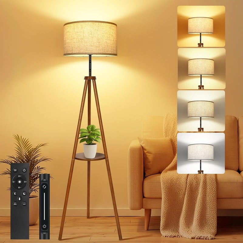 OUTON Wooden Tripod Floor Lamp with Shelf, 4 Color temperatures Mid Century Dimmable Floor Lamp with Remote & ‎Touch Control, Modern Tall Standing Lamp for Living Room Bedroom Office, Walnut Wood - Image 1