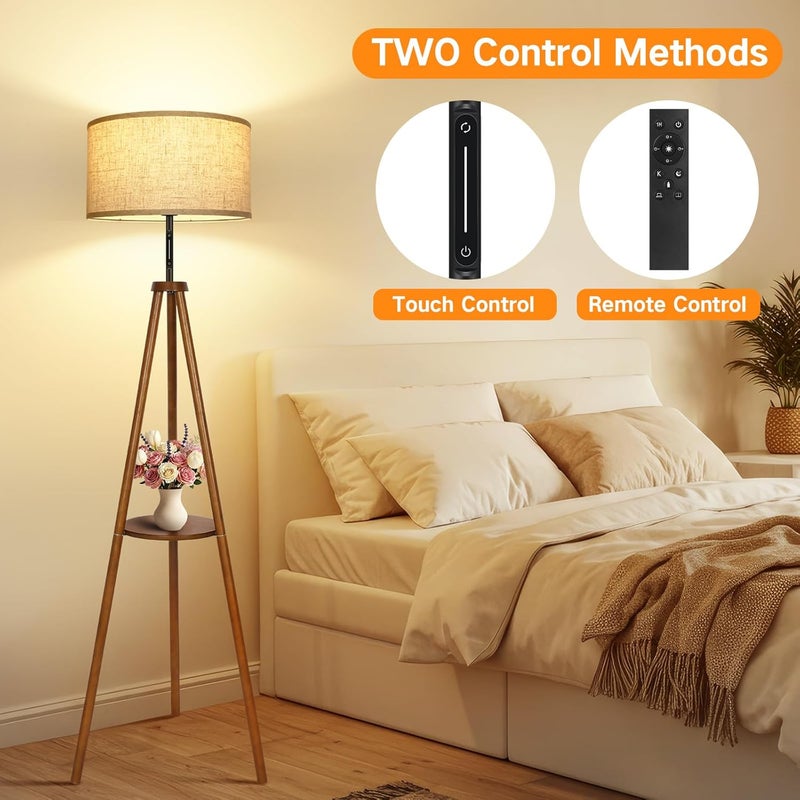 OUTON Wooden Tripod Floor Lamp with Shelf, 4 Color temperatures Mid Century Dimmable Floor Lamp with Remote & ‎Touch Control, Modern Tall Standing Lamp for Living Room Bedroom Office, Walnut Wood - Image 3