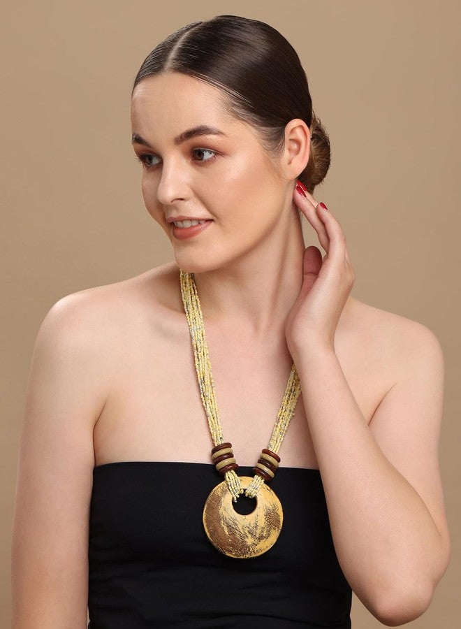 دي سي أيه قلادة دائرية خشبية مصنوعة يدويًا من DCA، سلسلة خرز متعددة الخيوط، لون بني ذهبي - Image 2