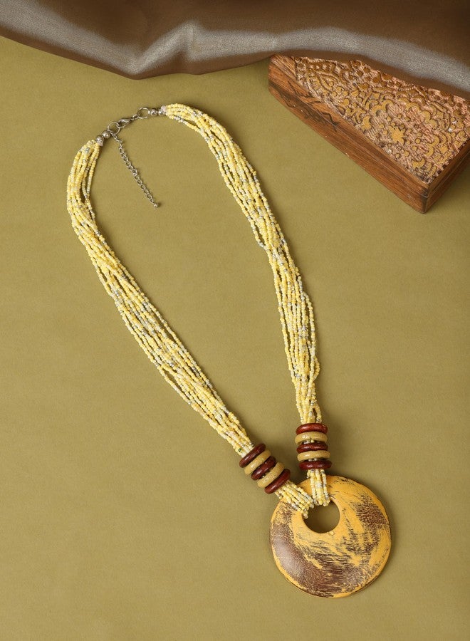 دي سي أيه قلادة دائرية خشبية مصنوعة يدويًا من DCA، سلسلة خرز متعددة الخيوط، لون بني ذهبي - Image 3
