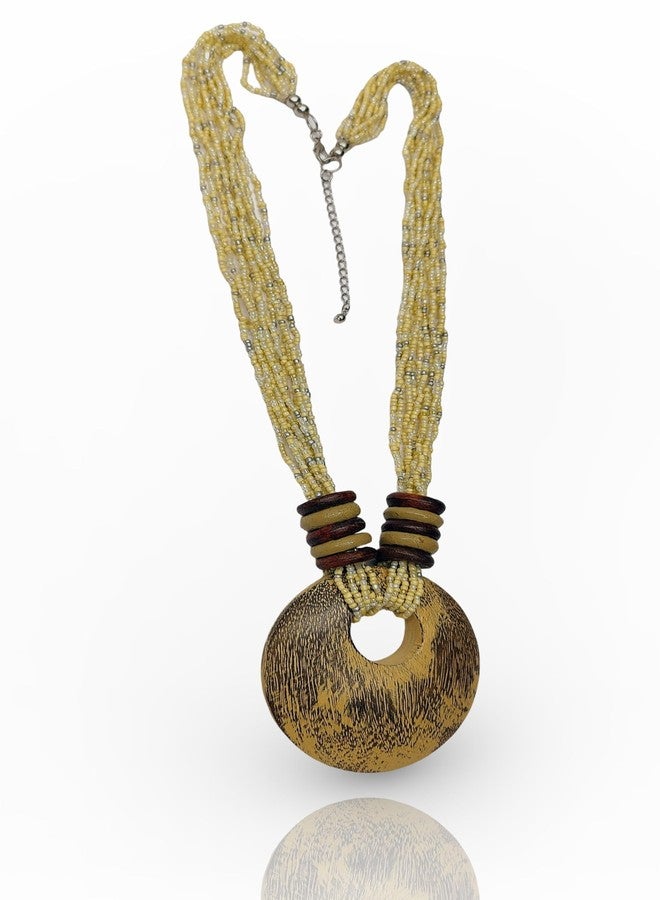 دي سي أيه قلادة دائرية خشبية مصنوعة يدويًا من DCA، سلسلة خرز متعددة الخيوط، لون بني ذهبي - Image 5