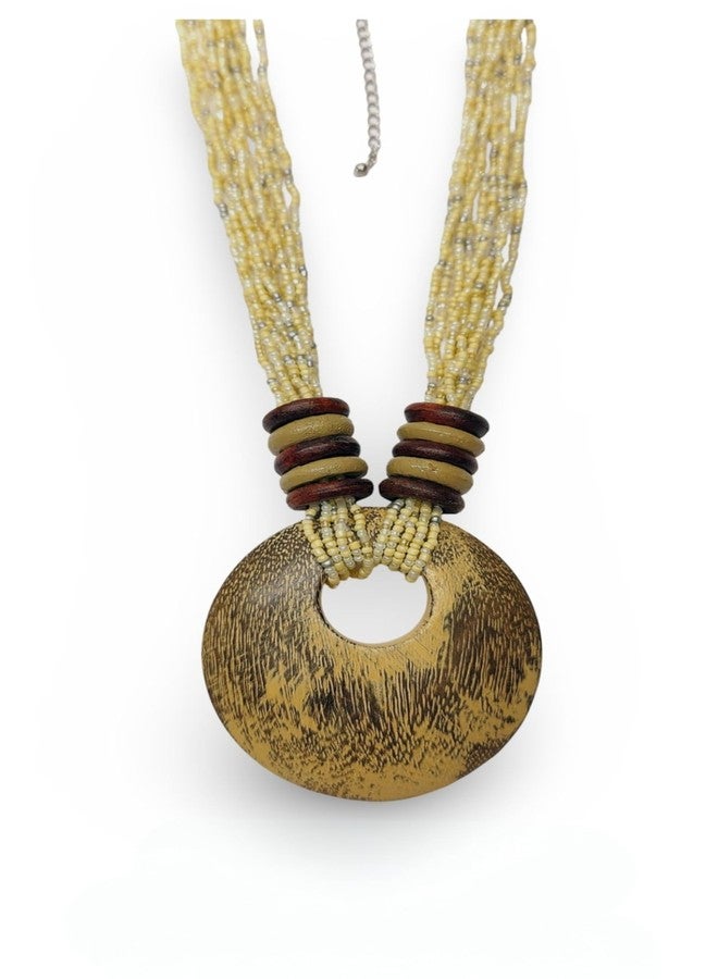 دي سي أيه قلادة دائرية خشبية مصنوعة يدويًا من DCA، سلسلة خرز متعددة الخيوط، لون بني ذهبي - Image 1