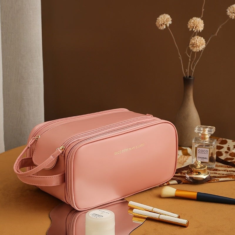 Amazon special PU leather Womens Cosmetic Bag large capacity travel portable ins high sense wash bag in stock wholesale Pink-four-open zipper