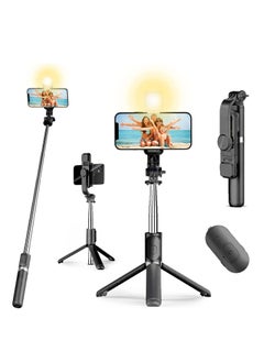 4 in 1 Lighted Selfie Stick With Tripod, Bluetooth Remote, 3 Light Modes & 6 Brightness Level,360° Rotation, Portable Floor Desktop Tripod, For iPhones & Android, For Broadcast, Black