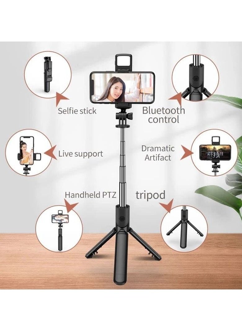 ELTRAZONE - 4 in 1 Lighted Selfie Stick With Tripod, Bluetooth Remote, 3 Light Modes & 6 Brightness Level,360° Rotation, Portable Floor Desktop Tripod, For iPhones & Android, For Broadcast, Black - Image 1