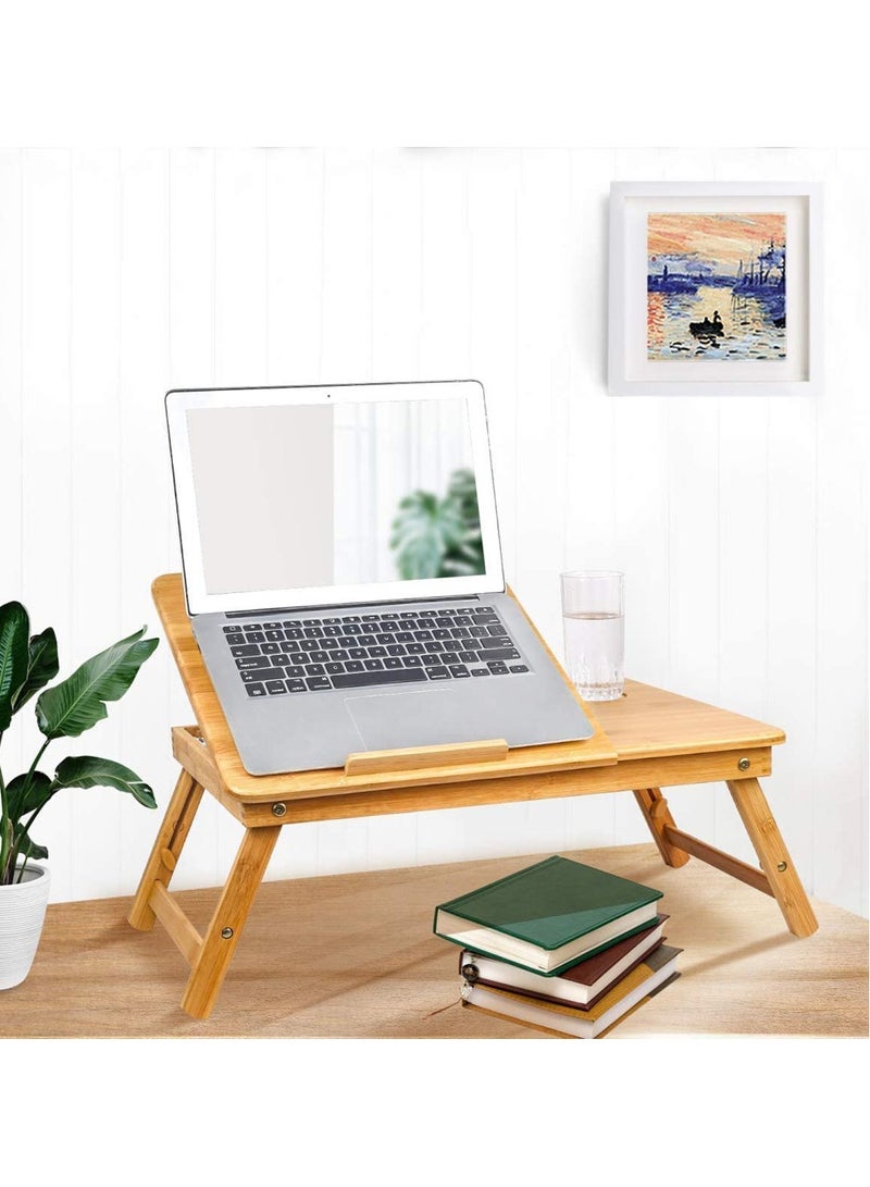 LINGWEI Laptop Table Foldable Bamboo Bed Tray Reading Table Snack Table Food Serving Tray with Drawer - Image 1